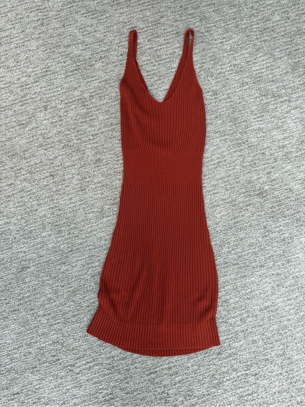 Ribbed V-Neck Sleeveless Bodycon Dress - Rust Red